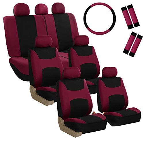 FH Group Light & Breezy Cloth Car Seat Covers, 7 Seater Three Row Set- Airbag & Split Ready -Universal for Cars Trucks and SUVs Burgundy/Black