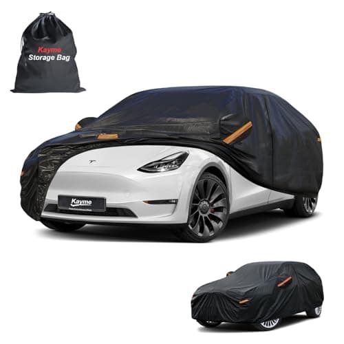 Kayme 7 Layers Car Cover Custom Fit for Tesla Model Y, Waterproof All Weather for Automobiles, Outdoor Full Car Cover Sun Rain UV Snow Protection.with Zipper and Charging Port. Black
