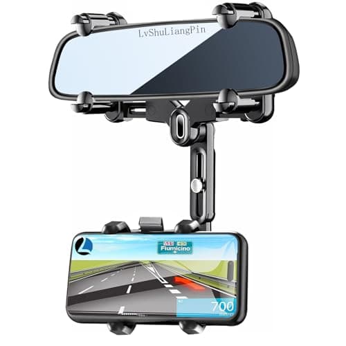 LvShuLiangPin Rearview Mirror Phone Holder for Car, 360° Rotating Rear View Mount with Adjustable Arm Length, Upgraded Four Corners Fixed Anti-Shake Multifunctional Design for All Smartphones