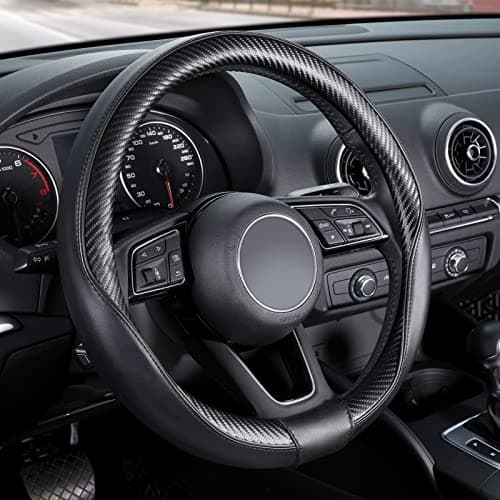SEG Direct Car Steering Wheel Cover Universal Standard-Size 14 1/2"-15" Leather with Carbon Fiber Pattern Black