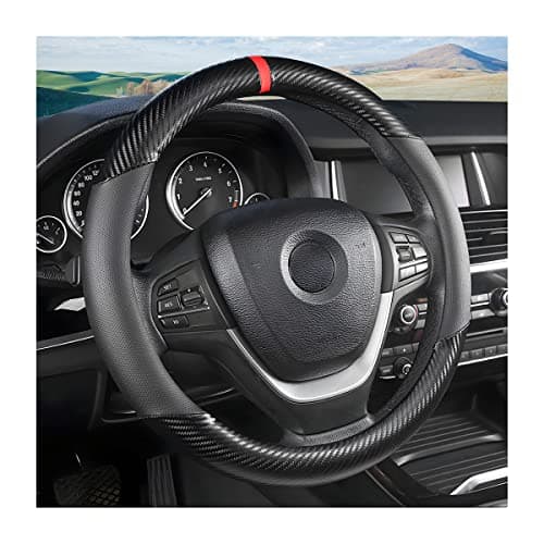 Moly Magnolia Carbon Fiber Steering Wheel Cover, Universal 15 inch Breathable Anti Slip, Black, Leather & Carbon Fiber, Truck & SUV, Automotive Steering Wheel Covers