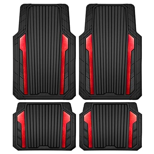 CAR PASS Heavy Duty Rubber Car Mats Metallic, Aluminum Film All Weather Floor Mats Waterproof Universal Trim to Fit Automotive SUV Sedan Van 4 Piece Anodized Deep Dish Two-Tone Sporty Black Red Chrome
