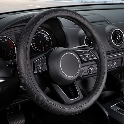 SEG Direct Black Car Steering Wheel Cover Small Size 14-14.25 inch (35.5-36 cm), for Prius Civic Model 3 Model Y Camaro, Breathable Microfiber Leather